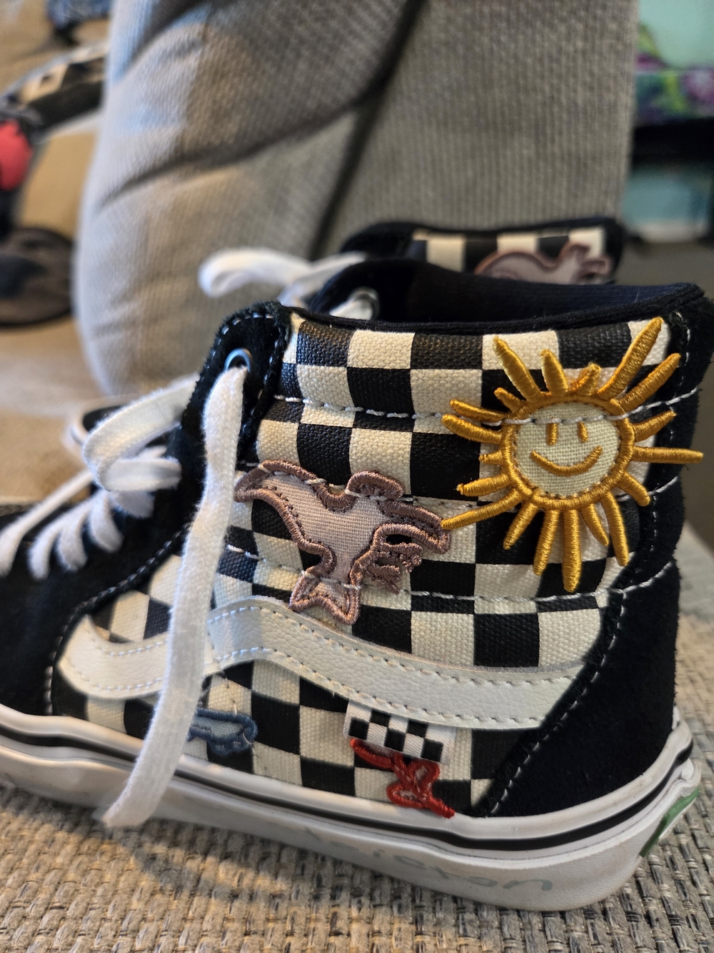 Vans Black & White Checkerboard High-Top Sneakers with Sun Patch